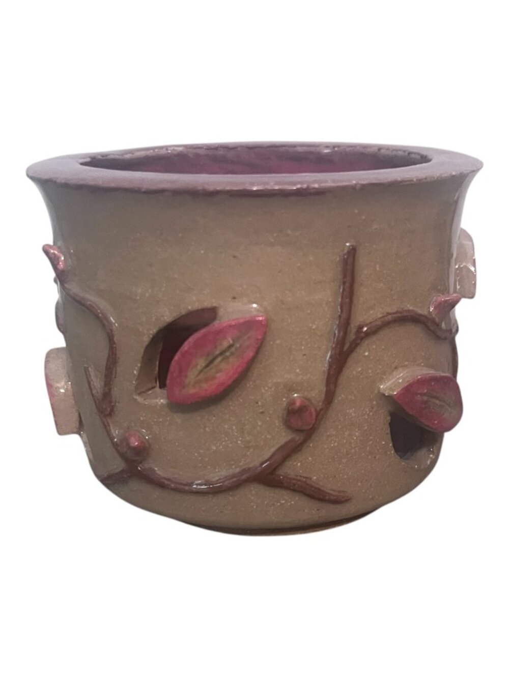 Artist Signed Studio Pottery Leaf Cutout Candle Holder Pink Brown Glaze